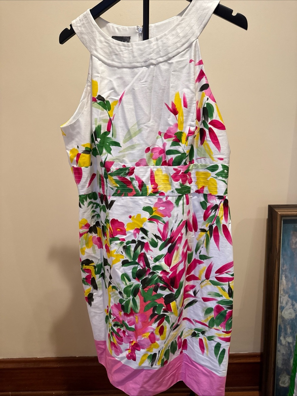 Muse White floral  with Pink, Yellow & Green Accents sleeveless sheath sundress